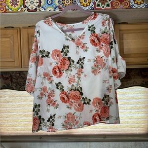 5 for 25$ Women's White Floral V-Neck Blouse with Pink Rose Print off shoulder